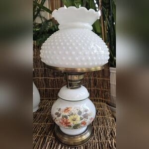 Vintage White Ceramic & Hobnail Milk Glass Table Lamp with Floral Design